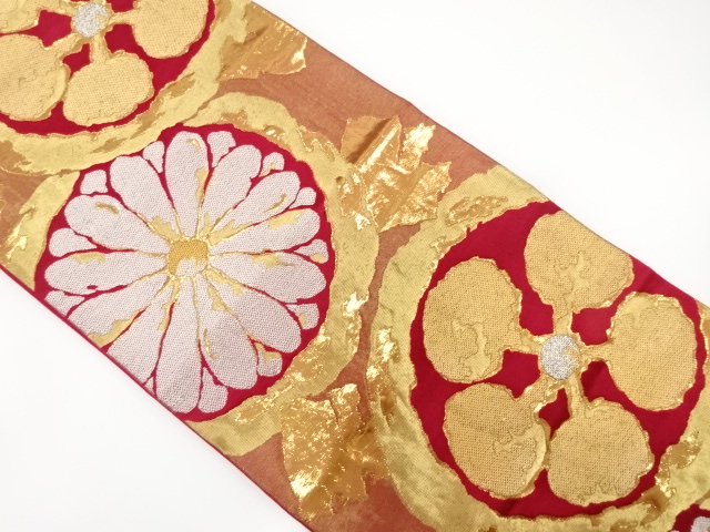 アンティーク　丸紋に花模様織出し袋帯（着用可）